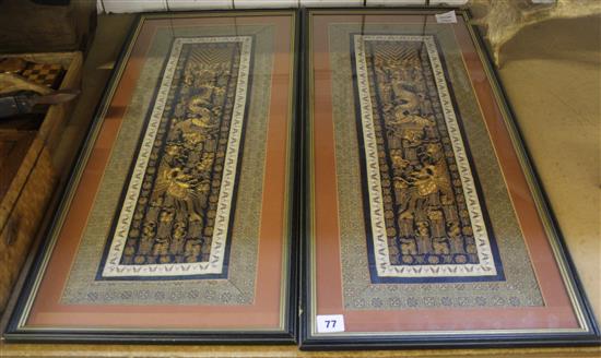 2 Chinese silk embroidered dragon design panels